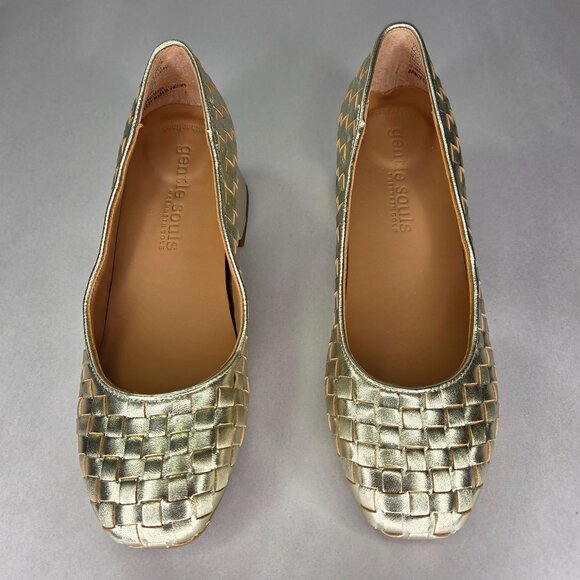 NWT Gentle Souls Women's Lancine Woven Block-Heel Pumps - Soft Gold Leather - Picture 2 of 8